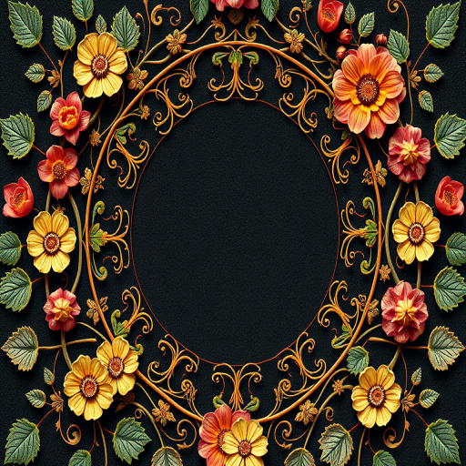 Create an intricate circular floral border design with detailed vine patterns and ornamental motifs, shot with a Canon EOS R5 at f/8, ISO 100, 50mm focal length, natural light, and from a top-down view for enhanced clarity and detail.