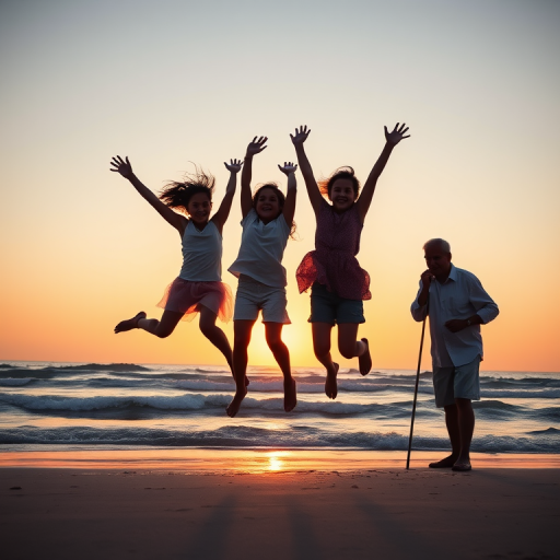 sunset silhouette of two joyful jumping girls and a thoughtful older man with a cane at the beach, shot with a DSLR camera in portrait mode, aperture f/2.8, ISO 200, 50mm lens, fast shutter speed for motion capture, golden hour lighting