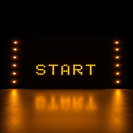 Create a high-resolution image of a large, illuminated digital display showing the word "START" in a bold, yellow, seven-segment font, centered against a black background, soft spotlight effect beneath the text, captured with a DSLR camera, 50mm lens, f/1.8 aperture, ISO 100, and a shallow depth of field for enhanced clarity and focus on the text.