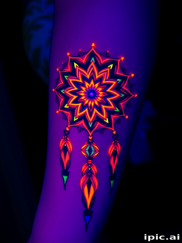 Psychedelic blacklight tattoo showcasing a kaleidoscopic dreamcatcher with fluorescent ink accents, visible only under UV light for a mind-bending secret design