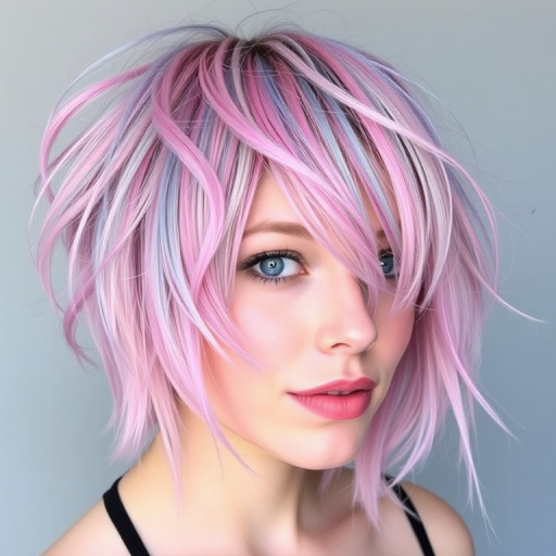 Whimsical artist with a tousled, shoulder-length shag haircut featuring choppy layers and a mix of pastel pink and blue streaks