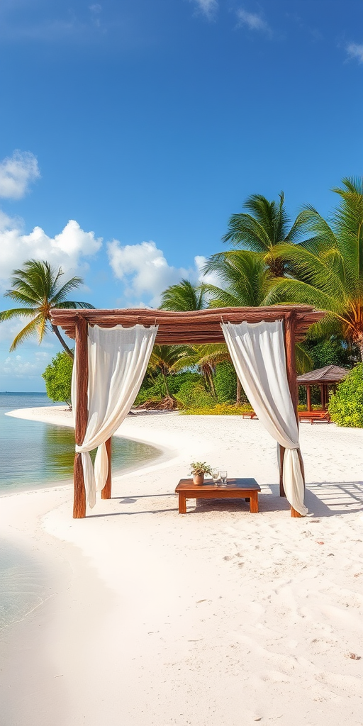Create a picturesque tropical beach scene featuring a serene, white sandy shore. In the foreground, there's a rustic wooden canopy with white drapes gently flowing in the breeze. Underneath the canopy, a table is set with tropical decor, evoking a sense of relaxation and leisure. The beach extends into a calm, shallow water area with reflections of the sky and surroundings. Palm trees and lush greenery line the edge of the beach, providing a natural, tropical backdrop. The sky is clear with a few scattered clouds, and the overall atmosphere is tranquil and inviting, perfect for a peaceful retreat.