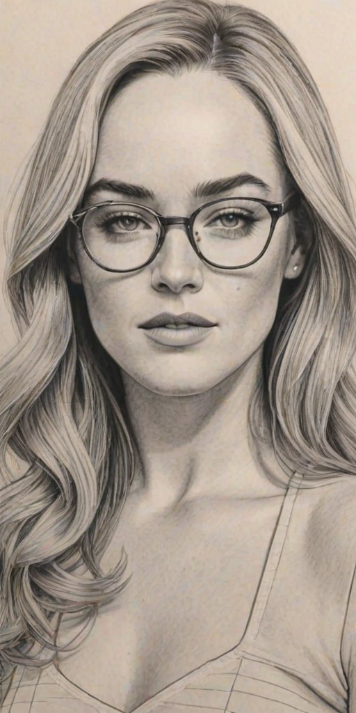 Splendid Caity Lotz, pencil sketch, portrait of Beauteous woman 1967s in glasses, hair style beatnik, outline, clear lines, fine lines, 8k