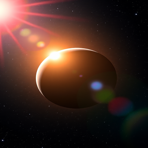 Generate a high-resolution image of a planet with a sunrise in the background, using a DSLR camera with a 24mm lens, aperture set to f/8, ISO 100, focal length of 24mm, shooting from a low-angle perspective to enhance depth, with a focus on lens flares and rich starry background.