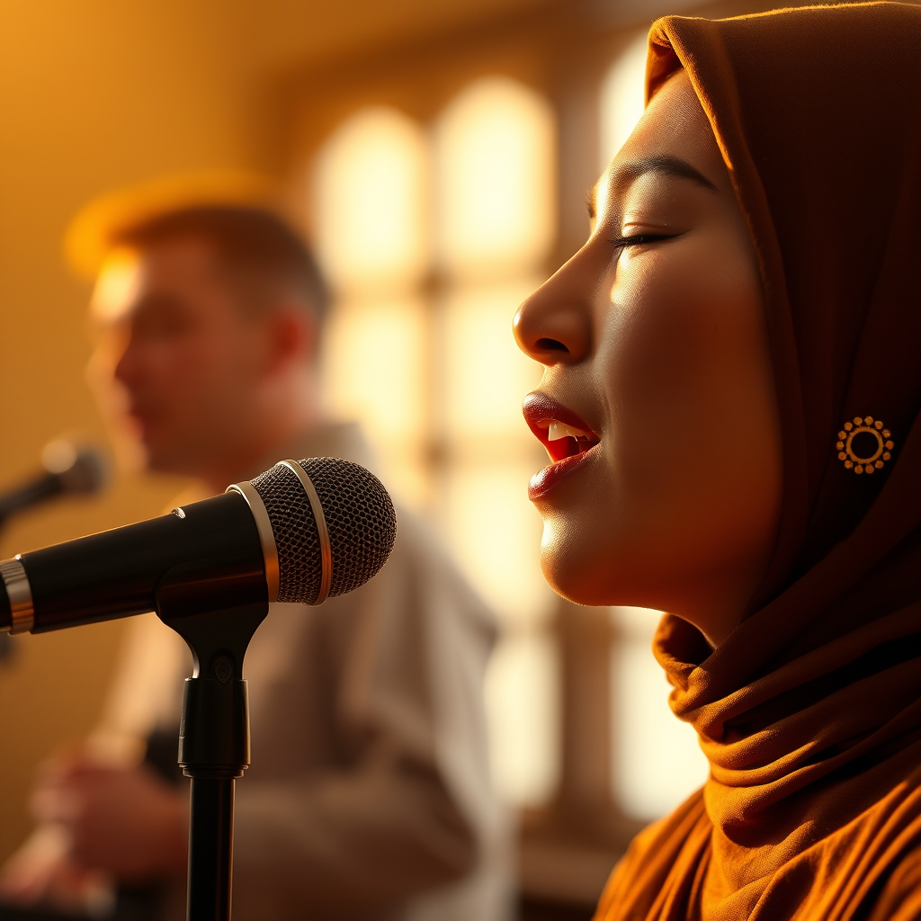 A close-up portrait of a asian woman with her eyes closed, singing into a microphone, positioned on the right side of the frame, facing the viewer. She is wearing a brown headscarf, gold earrings, and a brown blouse, and is bathed in warm, golden light emanating from the windows behind her. A blurred figure of a man singing into a microphone is visible in the background. The scene has a sense of calm and spirituality.