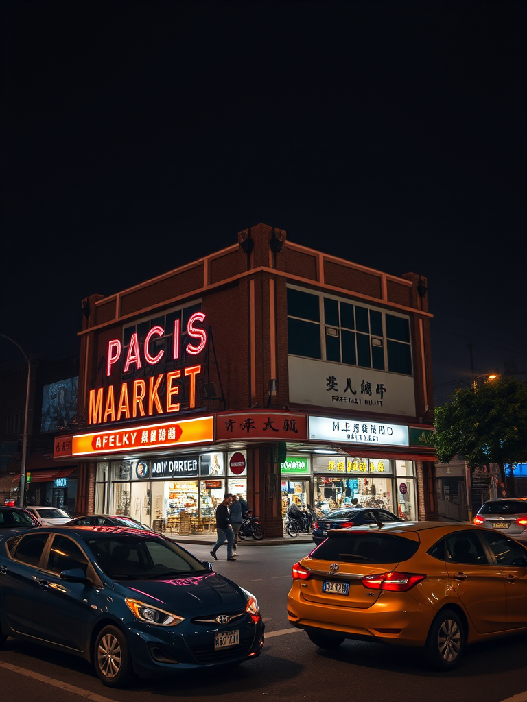 night market building illuminated at night with surrounding traffic, shot with a Canon EOS R5 at f/8, ISO 400, 1/60s, wide-angle lens, low-angle view, high dynamic range processing
