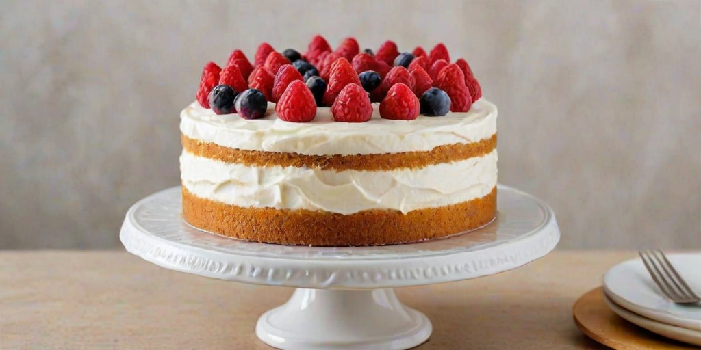 Create a visually appealing cake with a smooth white frosting, featuring a textured design around the sides. The top should be adorned with a generous layer of fresh red raspberries, placed neatly in the center. The cake should be presented on a clear glass cake stand against a soft, neutral background.