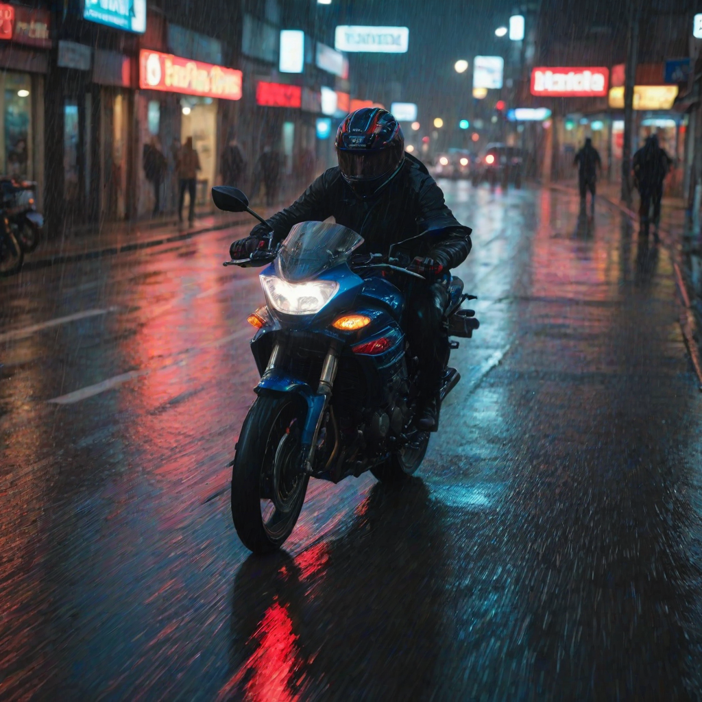 Blurry, dramatic shot of a motorbike speeding down a rain-soaked road at night, neon lights from nearby shops reflecting on the wet pavement, with streaks of red and blue trailing the bike.