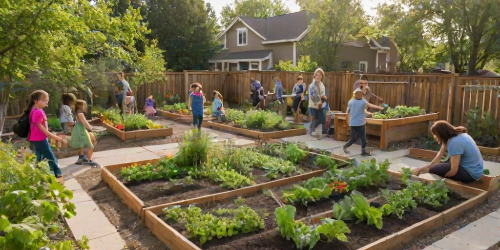 Lively community garden, with neighbors planting flowers and vegetables, children playing nearby, and a sense of community and collaboration in the air.