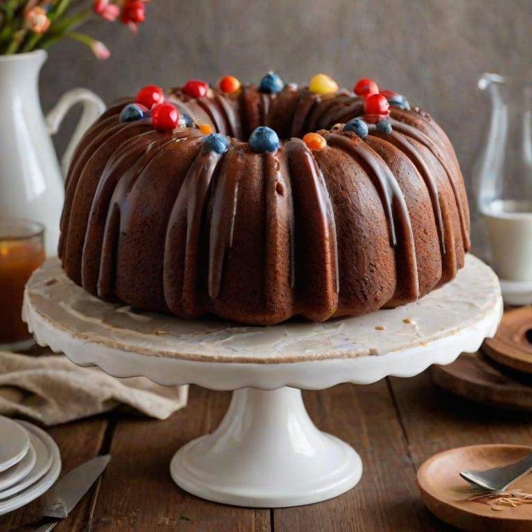 Generate an image of a beautifully decorated bundt cake on a wooden cake stand. The cake should have multiple layers, with smooth frosting in between and on top. Surround the cake with rustic kitchen elements like vintage jars, a coffee pot, and wooden utensils. The background should feature dark wooden textures to create a warm, inviting atmosphere.