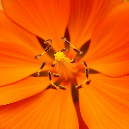 Generate a close-up image of an orange flower with intricate petals and prominent stamens, showcasing fine details and vibrant colors.