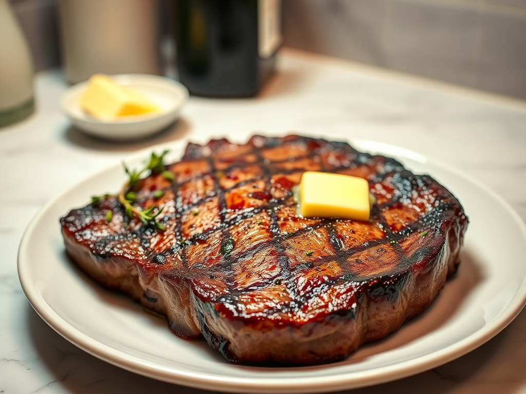 Create an image of a perfectly seared ribeye steak, resting on a white plate with a pat of melting butter on top. The steak is seasoned with fresh herbs like thyme and parsley, with glistening juices highlighting the texture of the meat. The background features a soft focus on a light, marble countertop, with a small dish of butter and an olive oil bottle in the distance. The overall mood should be warm and inviting, capturing the deliciousness and juiciness of the steak.
