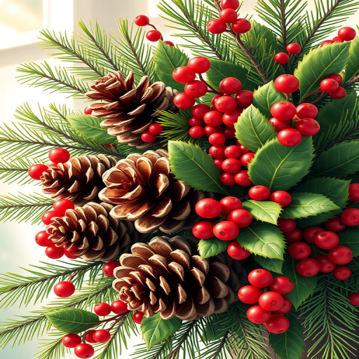 Create a vibrant and detailed illustration of a festive floral arrangement with pine cones, holly, and red berries, using a high-resolution digital camera setting of 50mm lens at f/2.8, ISO 100, and a soft focus background to enhance the colors and textures, capturing the image in natural lighting for a warm and inviting atmosphere.