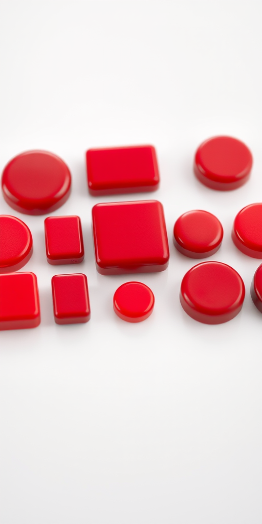 Create a high-resolution image of various red buttons in different shapes and sizes, ensure a clear and polished look, set with a Canon EOS 5D Mark IV, aperture f/8, ISO 100, 50mm lens, with soft lighting from the left to enhance reflections and details.