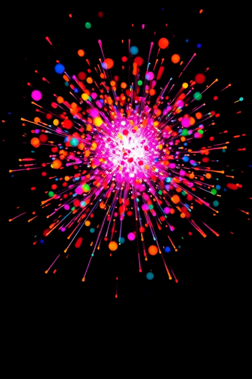 Create a vibrant explosion of colorful light particles on a black background, captured with a Canon EOS R5, 24mm f/1.4 lens, ISO 100, f/2.8, 1/60s, using a macro photography style to enhance detail and depth in the image while focusing on luminosity and contrast.