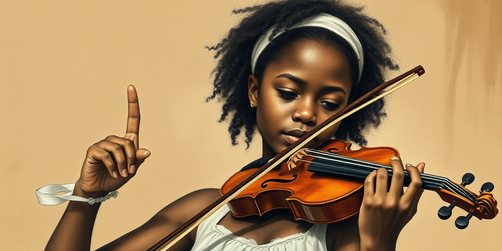 a young Afro-Caribbean woman with a white headband playing a violin, in the style of a charcoal drawing, sepia grunge background