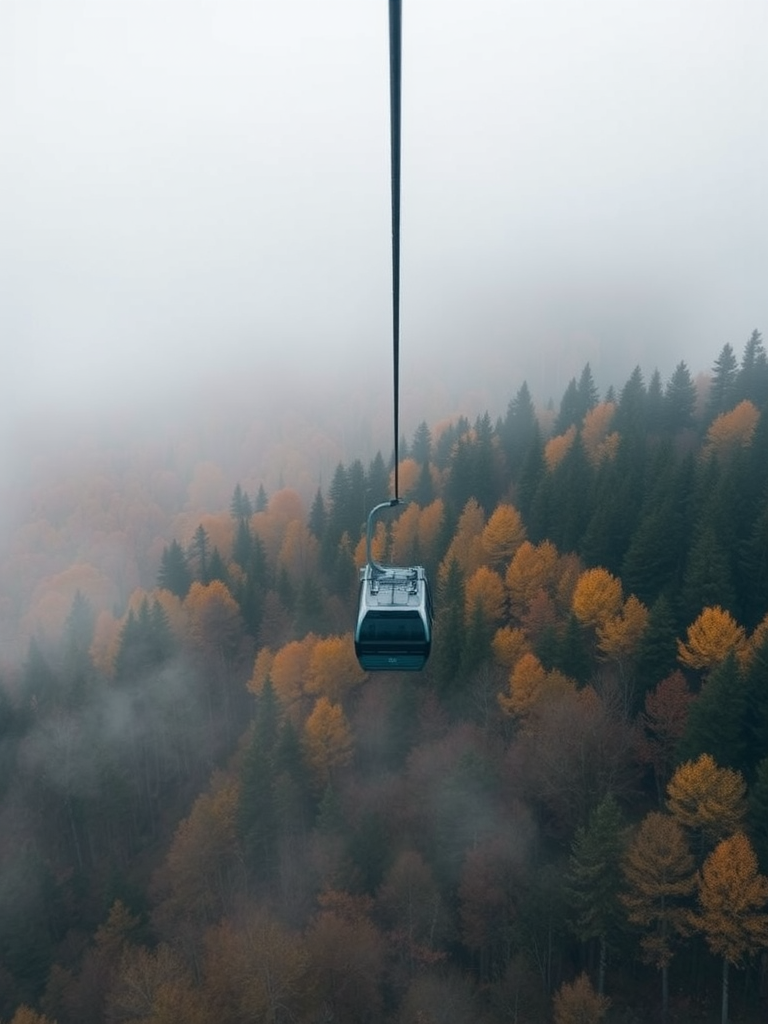 Aerial view of a cable car moving over a forested landscape in autumn with fog, camera settings: ISO 400, f/5.6, shutter speed 1/250s, camera style: cinematic, camera type: DSLR, lens focal length 24mm.