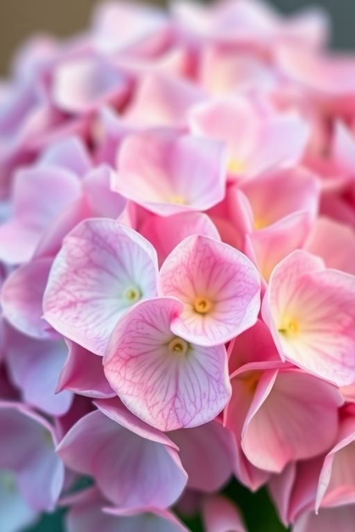 close-up of a hydrangea flower bouquet in soft pastel colors, f/2.8 aperture, 100mm macro lens, natural light, DSLR camera, shallow depth of field, vibrant colors, high resolution