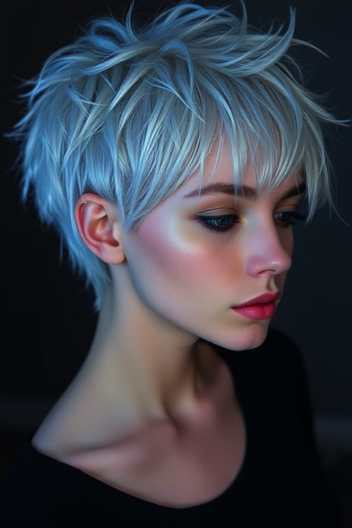 Ethereal Moonbeam Tresses showcase a silvery-white pixie cut with iridescent blue undertones, creating an otherworldly shimmer that seems to glow in the darkness