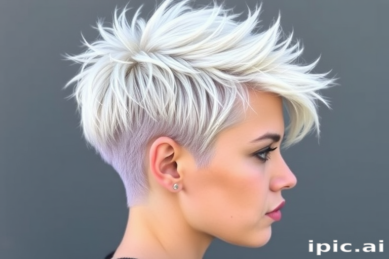 Platinum blonde pixie with lavender shadow roots, styled in spiky texture, called "Ice Queen's Crown" hair, featuring frosted tips and a jagged silhouette