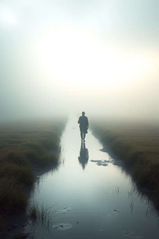 create an ethereal landscape featuring a solitary figure walking through a misty waterway, with dramatic lighting and soft focus, shot with a Canon EOS R5, 85mm lens, f/1.8 aperture, 1/60 sec shutter speed, ISO 100, in a cinematic style with high dynamic range and vivid colors