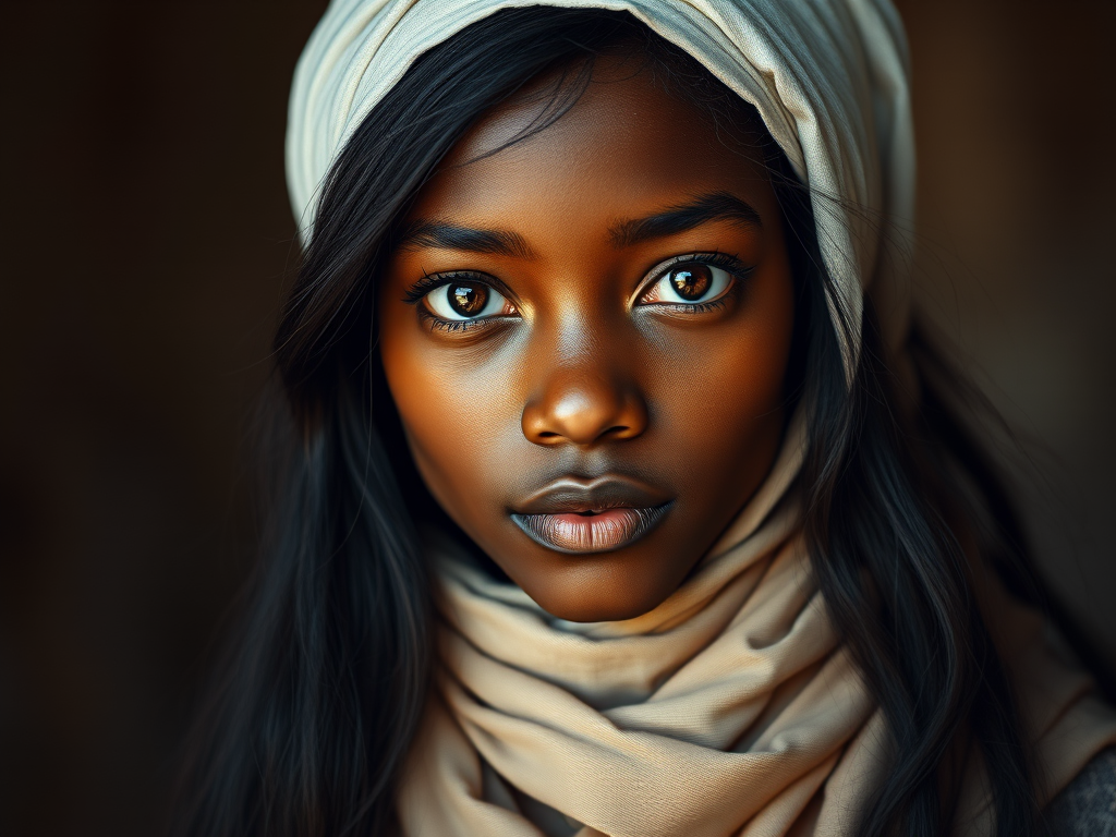 Create a portrait of a young Afro-Caribbean female with long, dark hair and captivating hazel eyes. She is wearing a white headscarf and a matching scarf draped gracefully around her neck. The background is softly blurred, focusing attention on her serene and natural expression. The overall color palette is muted and warm, enhancing the intimate and authentic feel of the portrait.
