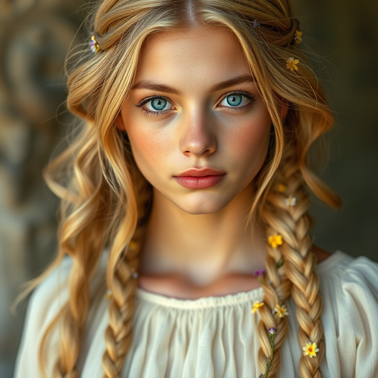 Create an image of a young Amhara woman with long, wavy blonde hair, adorned with small, colorful flowers woven into her braids and loose strands. Her complexion is fair, with soft, glowing skin, and she has light blue eyes that gaze softly at the viewer. She wears a light, flowing dress with a gentle, ethereal quality, complementing her delicate and serene appearance. The background is slightly blurred, drawing focus to her tranquil expression and the intricate details of the flowers in her hair. The overall mood of the image is one of natural beauty and grace, evoking a sense of peacefulness and connection with nature.