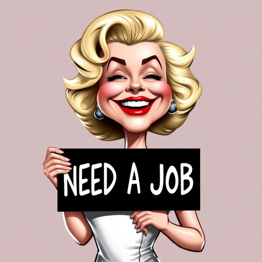caricature of a smiling Marilyn Monroe in a Platinum dress or suit, holding up a sign that says "NEED A JOB", no watermark,