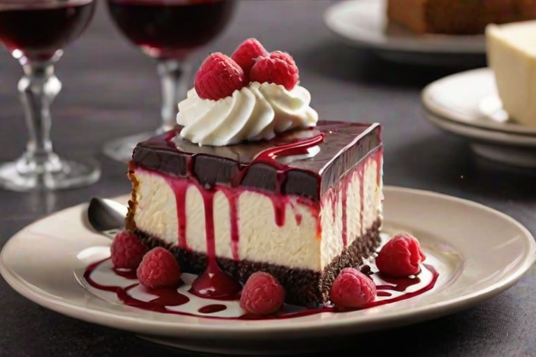 Create an image of a decadent layered dessert featuring a creamy white filling with a swirl of raspberry sauce on top. The dessert sits on a dark chocolate crust and has a smooth, glossy finish. Include fresh raspberries and white chocolate shavings as garnishes on the plate. The background should be simple and elegant to highlight the dessert.