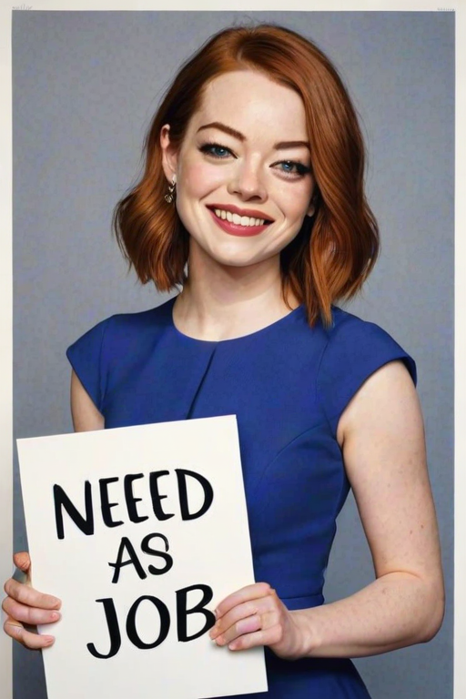 caricature of a smiling Emma Stone in a Cobalt dress or suit, holding up a sign that says "NEED A JOB", no watermark,
