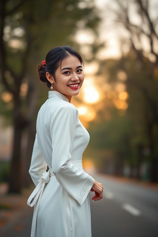Create a portrait of a young woman in a traditional white dress smiling and looking over her shoulder on a tree-lined street during the golden hour, using a Canon EOS R5 with a 50mm f/1.2 lens at ISO 100, aperture f/1.8, shutter speed 1/200s; focus on soft background blur to enhance subject prominence.