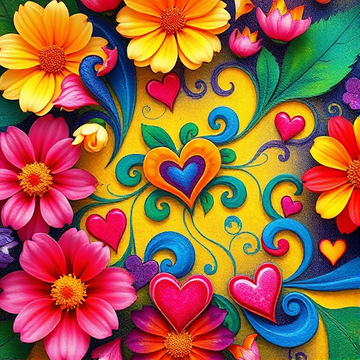Create a vibrant floral design with colorful swirling patterns and hearts, captured with a DSLR camera at f/2.8, 50mm lens, ISO 100, shot from a top-down view, using natural light for enhanced colors.