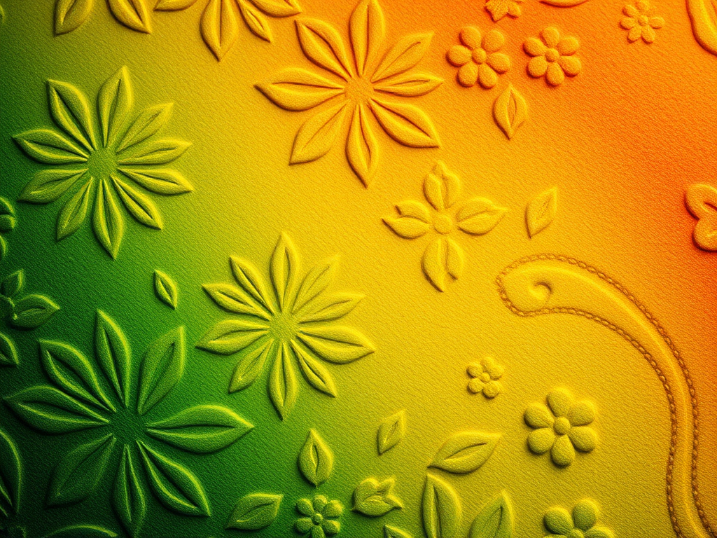 create a textured background with embossed floral patterns, vibrant color gradient transitioning from orange to green, high resolution, DSLR camera, f/2.8 aperture, 50mm lens, macro view, soft lighting
