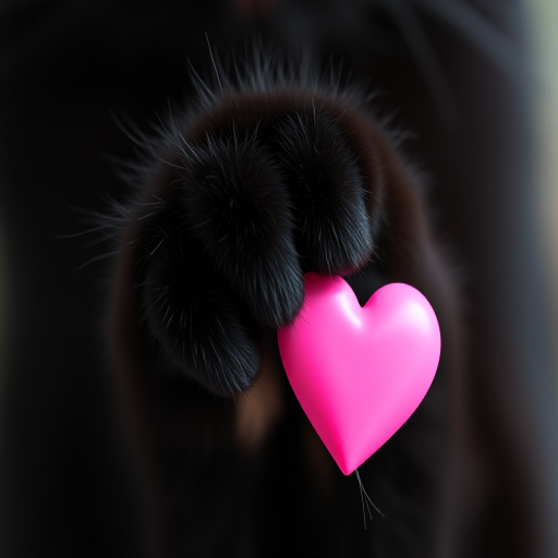 a close-up of a black cat paw holding a bright pink heart in a minimalistic style, shot with a 50mm lens at f/2.8, ISO 100, in natural light, using a DSLR camera with a shallow depth of field for softness around the edges