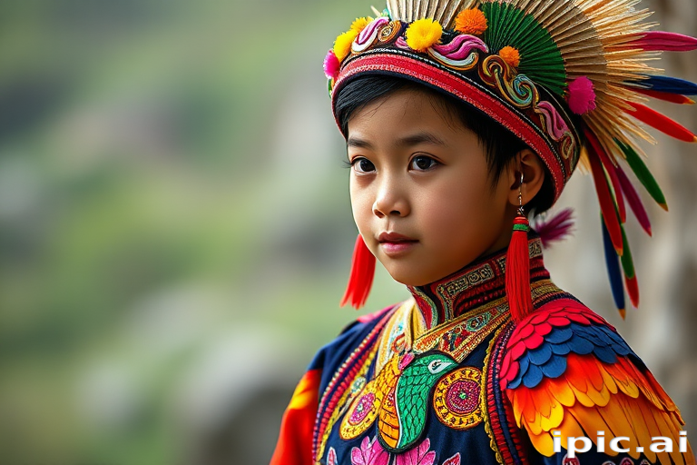 A beautiful Miao girl, wearing colorful bird clothing with vibrant colors