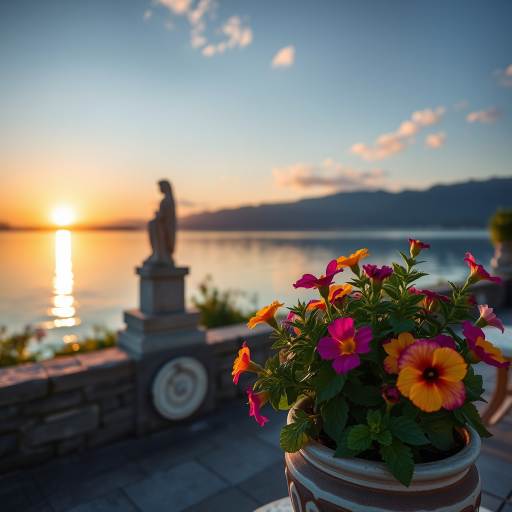 Capture a serene lakeside view at sunset featuring a stone statue overlooking the water with mountains in the background, include vibrant flowers in a decorative pot in the foreground, use a DSLR camera, aperture f/8, shutter speed 1/125s, ISO 400, focal length 24mm, shoot from a slightly elevated angle to emphasize depth and detail.