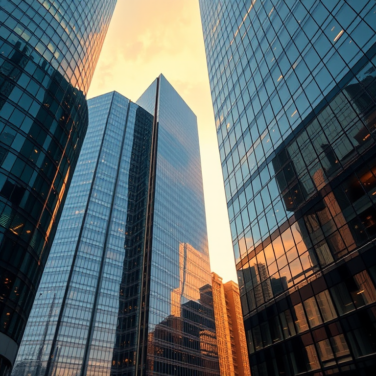 high-resolution architectural render of modern skyscrapers with reflective glass surfaces, wide-angle view, golden hour lighting, DSLR camera, f/8 aperture, ISO 100, 24mm focal length