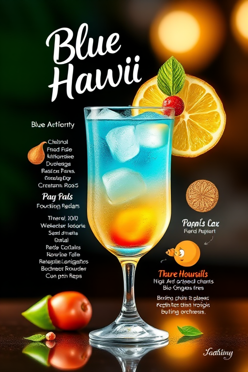 Create a vibrant illustration of a Blue Hawaii cocktail recipe with detailed ingredients and a whimsical design, using high-resolution digital art, shot with a DSLR camera at f/8 aperture, 50mm lens, ISO 100, and a shallow depth of field for a soft background effect.
