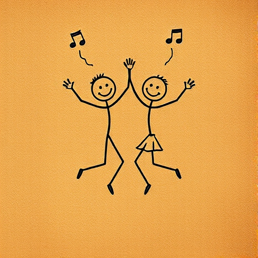 Create a high-resolution illustration of two stick figures dancing joyfully on a textured brown background, shot from a slightly elevated angle using a digital camera set to a 50mm lens, aperture f/2.8, ISO 100, and natural soft lighting for enhanced clarity and detail.