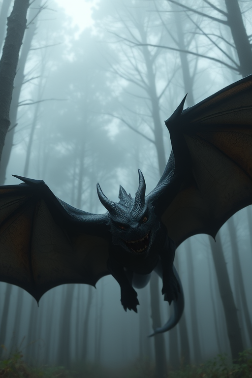 A menacing black dragon with large bat-like wings flying towards the viewer through a foggy forest, ultra-realistic details, 85mm lens, f/2.8 aperture, ISO 200, low angle shot using a DSLR camera.