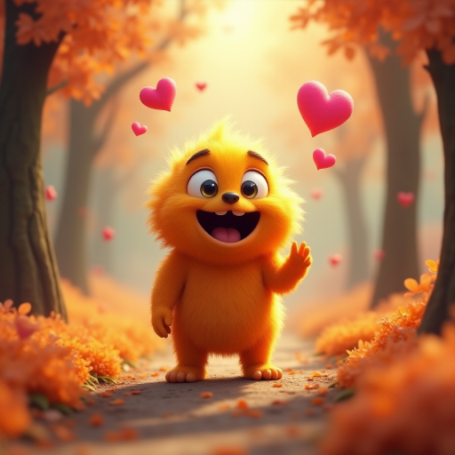 A fluffy orange creature with large eyes and a wide open mouth stands on a path in a whimsical forest, bright pink and red hearts float through the air, the creature has a surprised expression, the light is warm and soft, photorealistic, digital art, 3D style