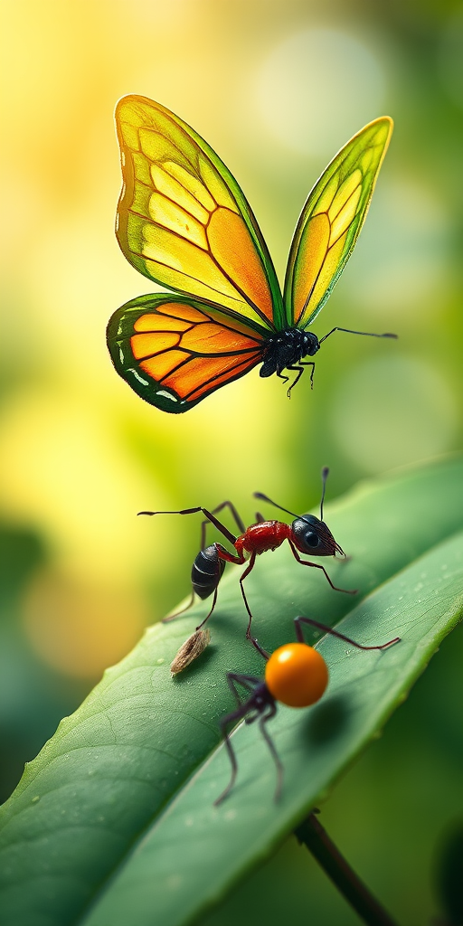 Create a vibrant and whimsical illustration of a butterfly with leaf wings flying above an ant celebrating on a green leaf, captured with a Canon EOS R5, 24mm lens, f/8 aperture, soft natural lighting, and a bird's eye view style to enhance details and colors.