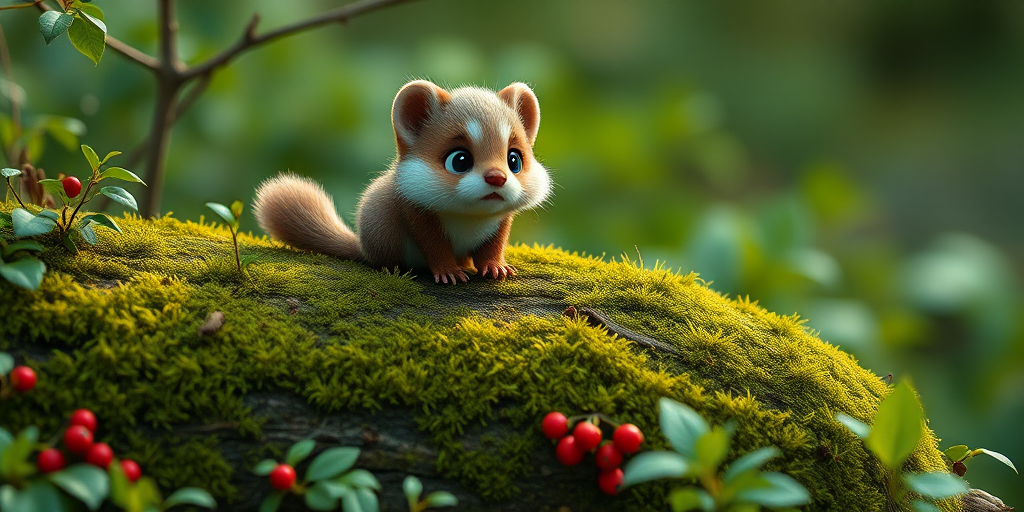 A cute cartoon-style animal resembling a small furry creature sitting on a log covered with moss, surrounded by lush greenery and small red berries, captured with a Canon EOS R5, 50mm f/1.2 lens, natural lighting, shallow depth of field for a dreamy background effect.