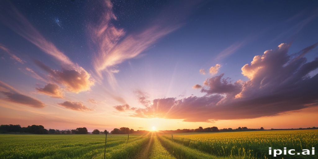 Golden Sunset Over a Lush Green Field with Dramatic Cloud Patterns