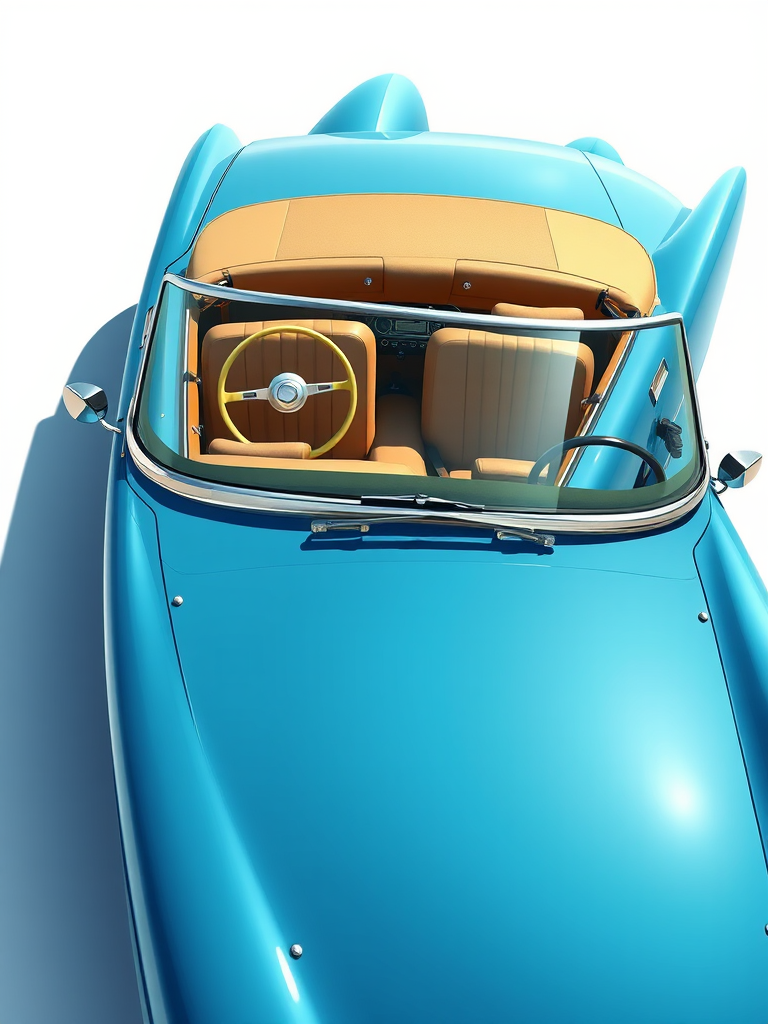 Create a high-resolution illustration of a classic convertible car in blue color with tan interior, using a DSLR camera set to aperture f/8, shutter speed 1/200 sec, ISO 100, with a frontal view and a light, soft-focus background for enhanced detail.