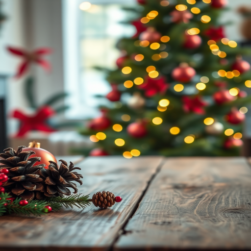 Create an image of a rustic wooden table with a blurred Christmas tree in the background adorned with red and green decorations and twinkling lights the foreground should feature pine cones and holiday ornaments in a cozy festive atmosphere