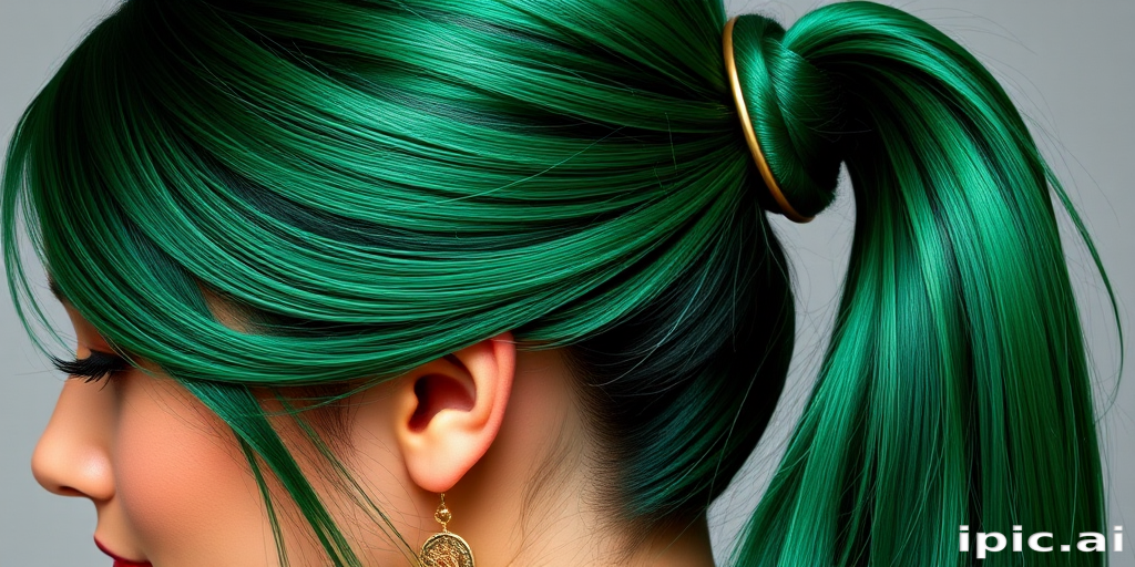 Glossy emerald green straight hair styled in a sleek high ponytail with metallic gold accents, exuding elegance and sophistication named Jade Empress