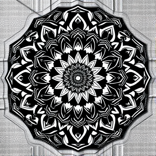 create a highly detailed black and white mandala with intricate patterns and sharp contrast, using a Canon EOS R5 camera with a 50mm f/1.8 lens, set at ISO 100, aperture f/11, and a shutter speed of 1/125s, capturing a top-down view with natural lighting for optimal clarity and depth.