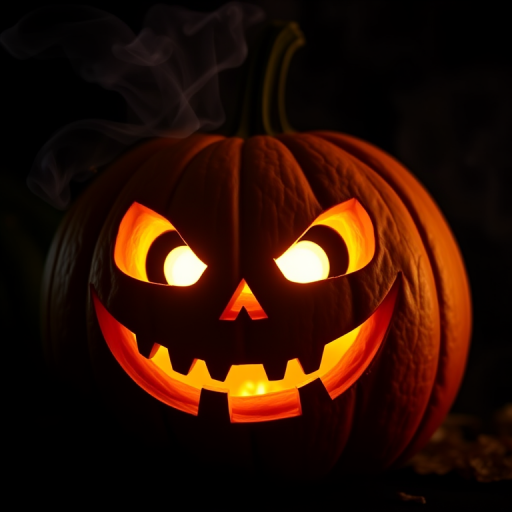 Create a high-resolution image of a carved Halloween pumpkin with bright, glowing eyes and a menacing smile, set against a dark, smoky background, captured using a DSLR camera with a 50mm lens, aperture f/1.8, ISO 200, and a soft focus for artistic effect.