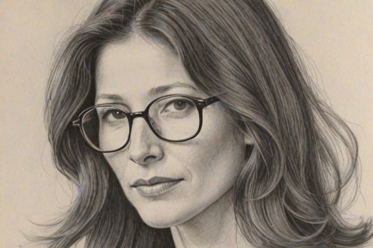 Resplendent Catherine Keener, pencil sketch, portrait of Fascinating woman 1975s in glasses, hair style beatnik, outline, clear lines, fine lines, 8k